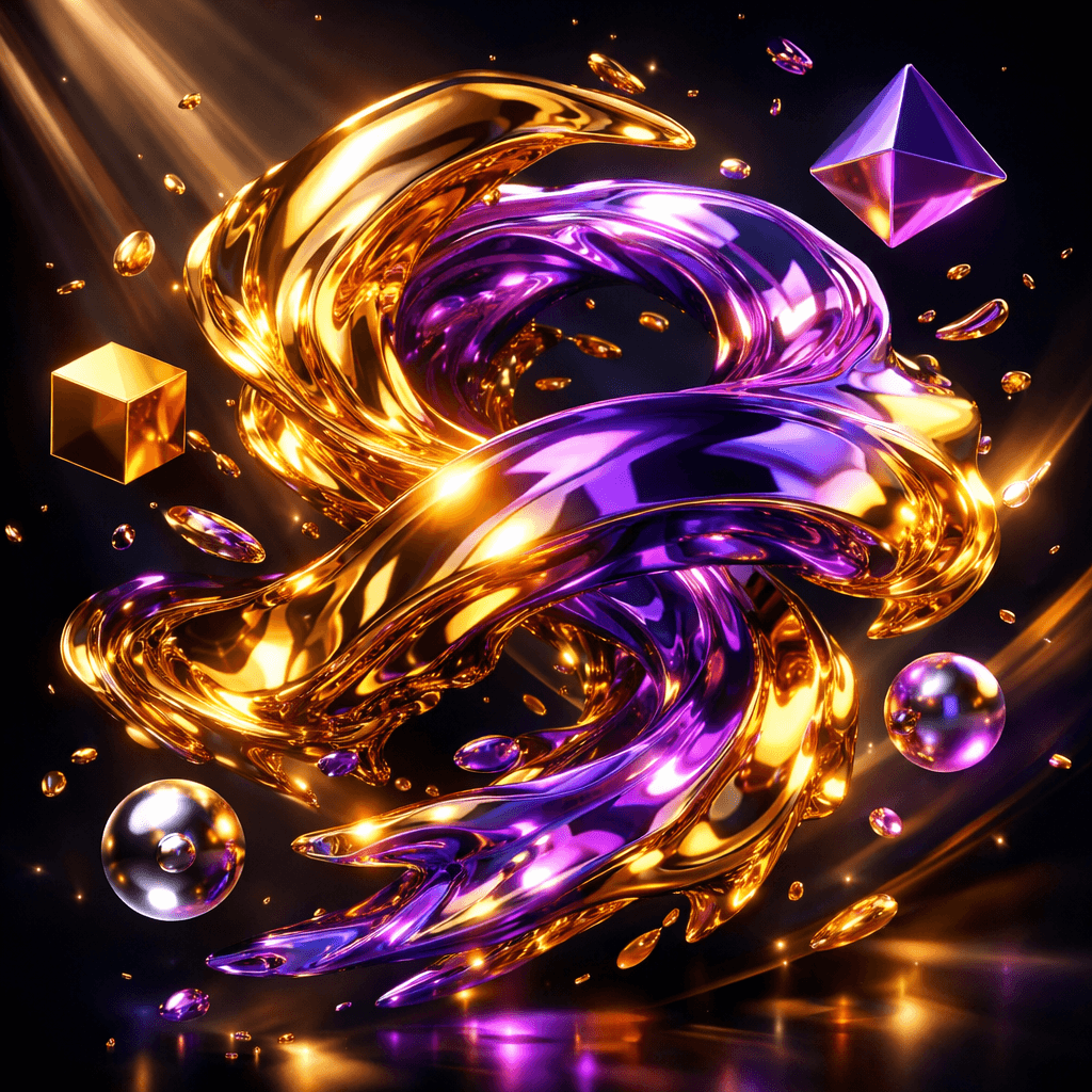 Abstract 3D digital art, swirling fluid shapes of liquid gold and iridescent purple, glossy texture, floating geometric elements, dramatic studio lighting, ray tracing, vibrant colors, modern art, 4k, wallpaper quality, intricate details