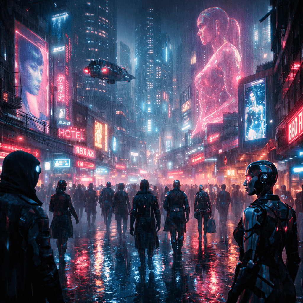 Futuristic cyberpunk city street at night, drenched in rain, reflecting neon blue and pink lights, towering skyscrapers with holographic advertisements, bustling crowd of cyborgs, cinematic lighting, photorealistic, 8k, highly detailed, Unreal Engine 5 render, style of Blade Runner 2049, volumetric fog