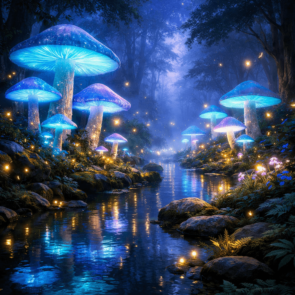 Enchanted ancient forest at twilight, giant glowing bioluminescent mushrooms, fireflies dancing in the air, a crystal clear stream reflecting the magical light, ethereal atmosphere, lush vegetation, fantasy art, dreamlike, 8k, masterpiece, vivid colors, magical realism