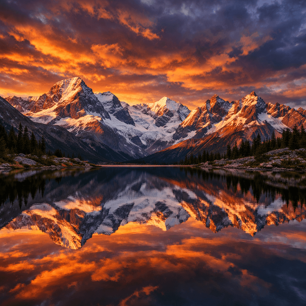 Majestic snow-capped mountain range at golden hour, dramatic sunset with orange and purple clouds, reflection in a calm alpine lake, wide angle shot, photorealistic, high dynamic range, nature photography, national geographic style, 8k, sharp details