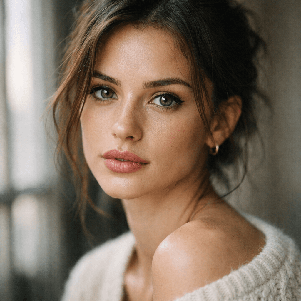 Cinematic portrait of a young woman, soft natural window lighting, shot on 85mm lens, f/1.8 aperture, shallow depth of field, sharp focus on eyes, highly detailed skin texture, professional photography, Vogue editorial style, 8k resolution, photorealistic