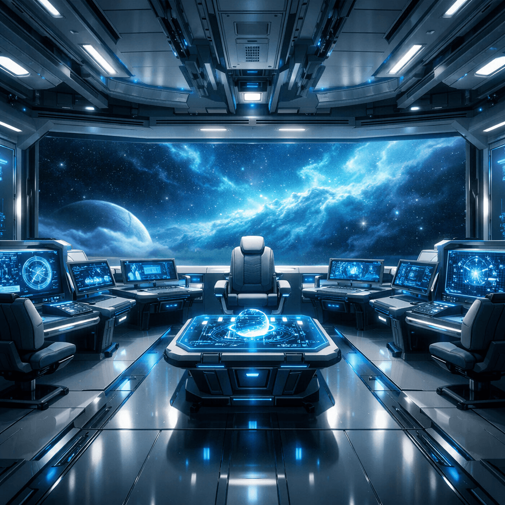 Interior of a futuristic sci-fi space station command center, sleek white and metallic surfaces, holographic control panels, large panoramic window looking out at a blue nebula and distant stars, cinematic lighting, cold color palette, highly detailed, sci-fi concept art, symmetry